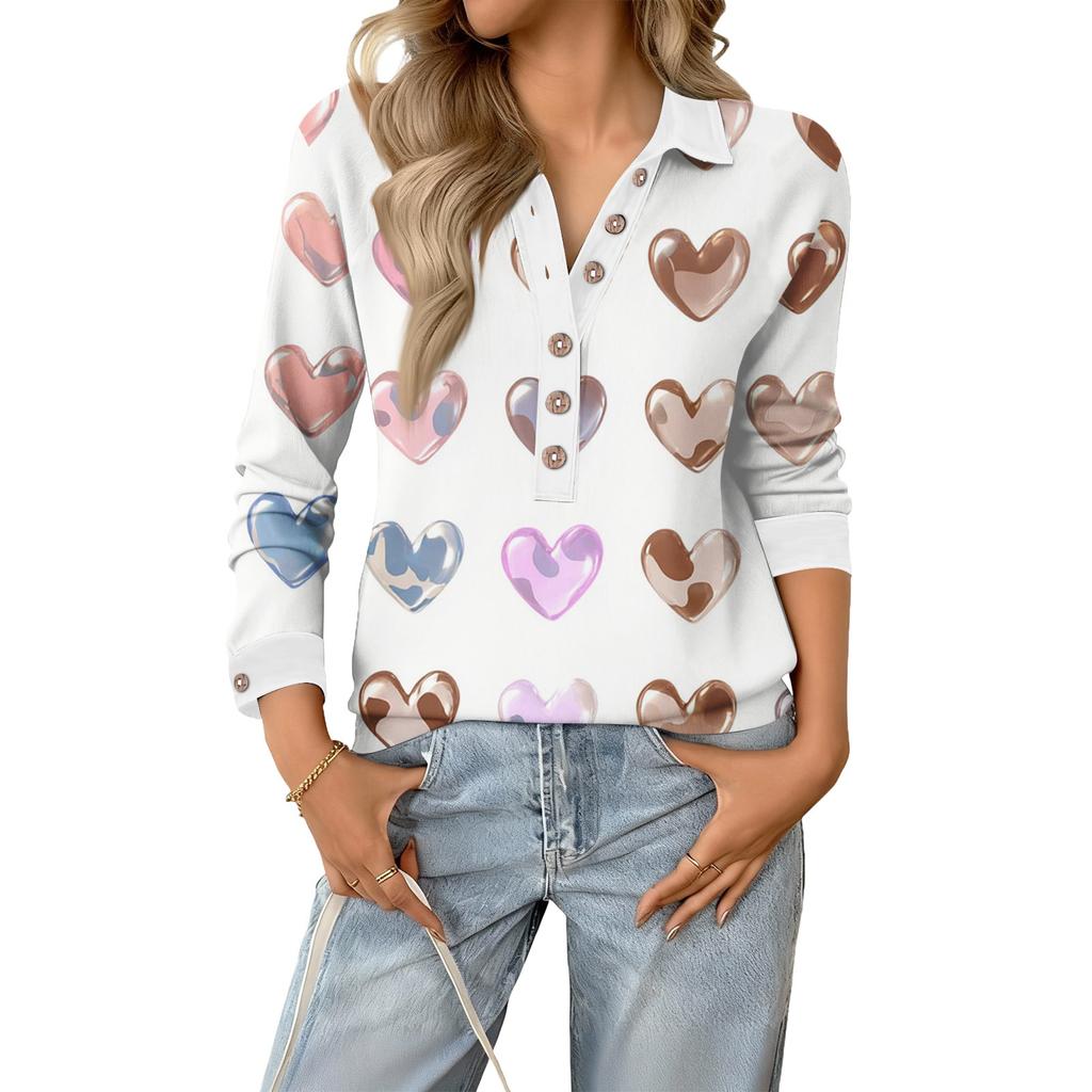 Damen Retro Street Lässiger V-Ausschnitt Langarm Knopf Valentinstag Herz Pullover Top