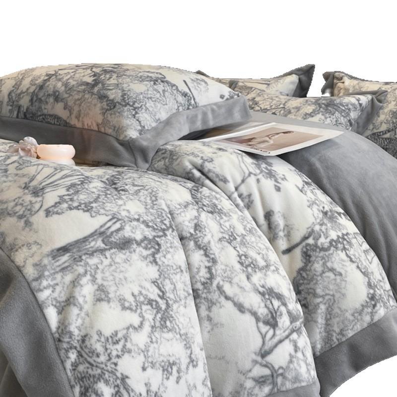 Thickened Milk Fleece Light Luxury Wide-Edge French Printing Four-Piece Double-Sided Fleece Flannel Fleece Bedding