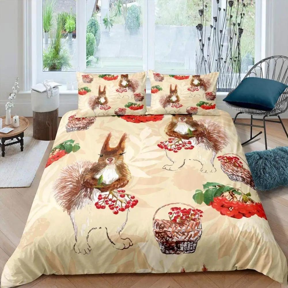Bettbezug Tiere Cartoon Eichhörnchen Frühlingswiese Wald Fauna Schlafzimmer Dekorativ für Kinder Jungen Mädchen Geschenk Queen Size