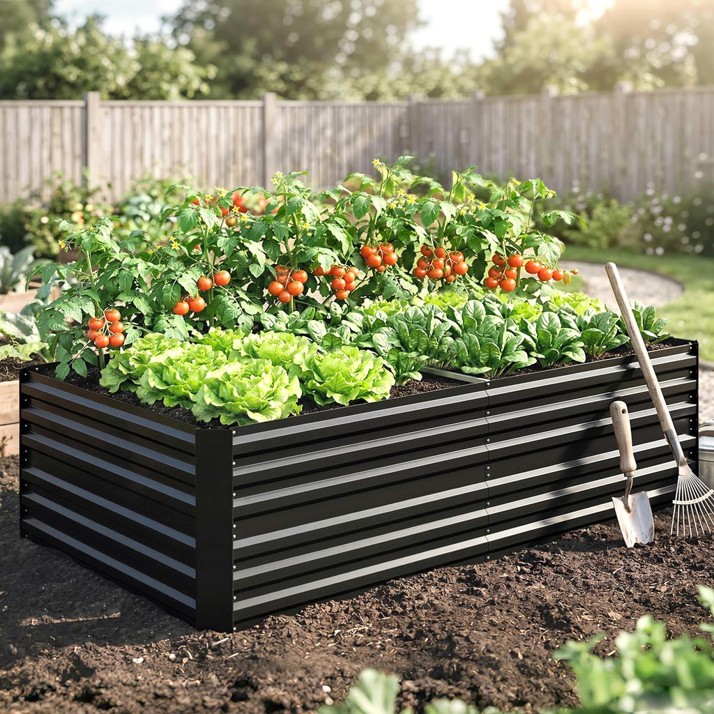 Raised Beds for Garden, Galvanised Steel Outdoor Planters with Multi-reinforced Rods, 180 x 90 x 59 cm, Black