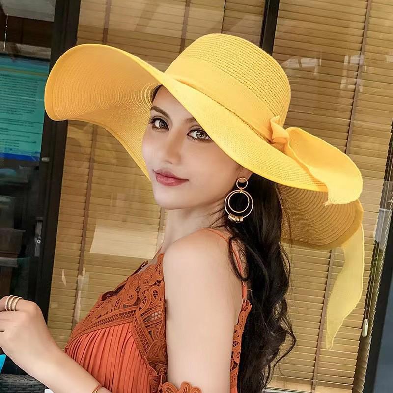 Women's Large Brim UV Protection Foldable Straw Hat with Bow for Spring/Summer