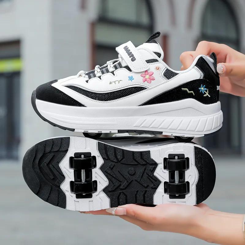 Pantofi cu rotile pentru patinaj cu rotile Pantofi de deformație pentru copii Patine cu rotile de curse cu 4 roți Adidași de uz dual pentru băieți și fete