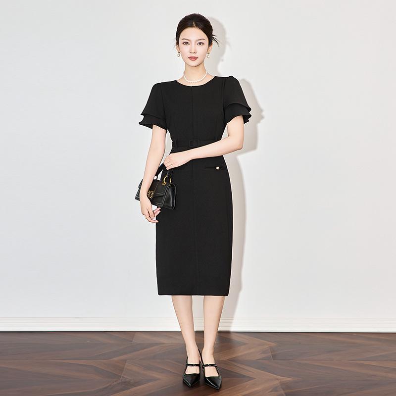 French-Inspired Waist-Cinching Ruffle Sleeve Dress Medium чёрный