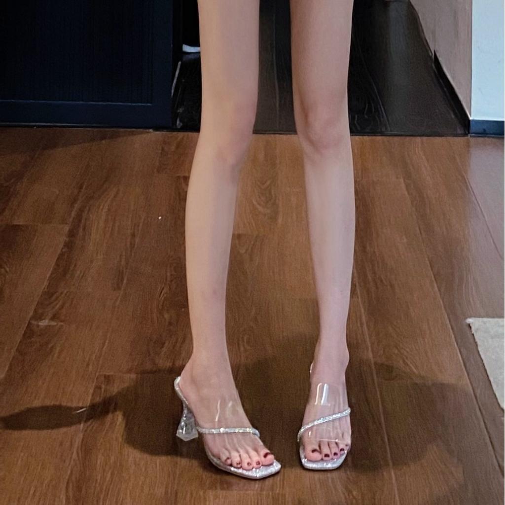 Beautiful rhinestone transparent word strap high heels sandals women's shoes silver high heels cool slippers