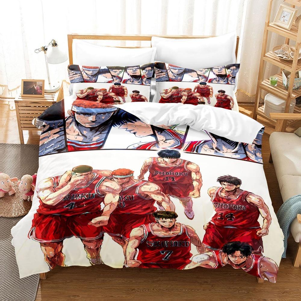 Anime Basketball Theme Microfibre Bedding Sets, Children's Bed Linen with Zip Room Decor Duvet Cover for Teenagers Adult 3-Piece