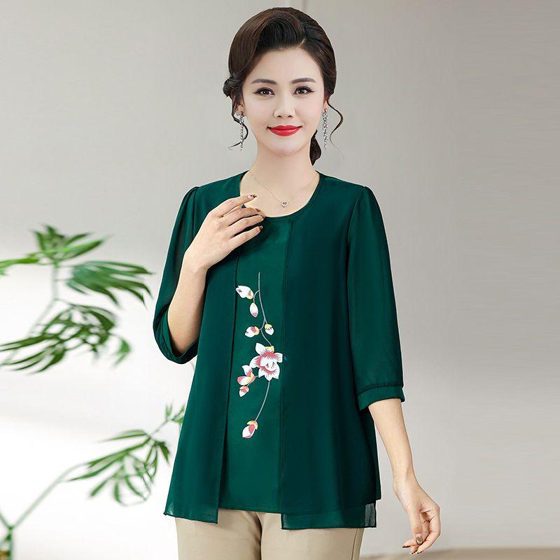 Middle Aged Elderly Mothers Summer Vacation Two Seven Quarter Sleeved Women's Fashion Thin T-shirt