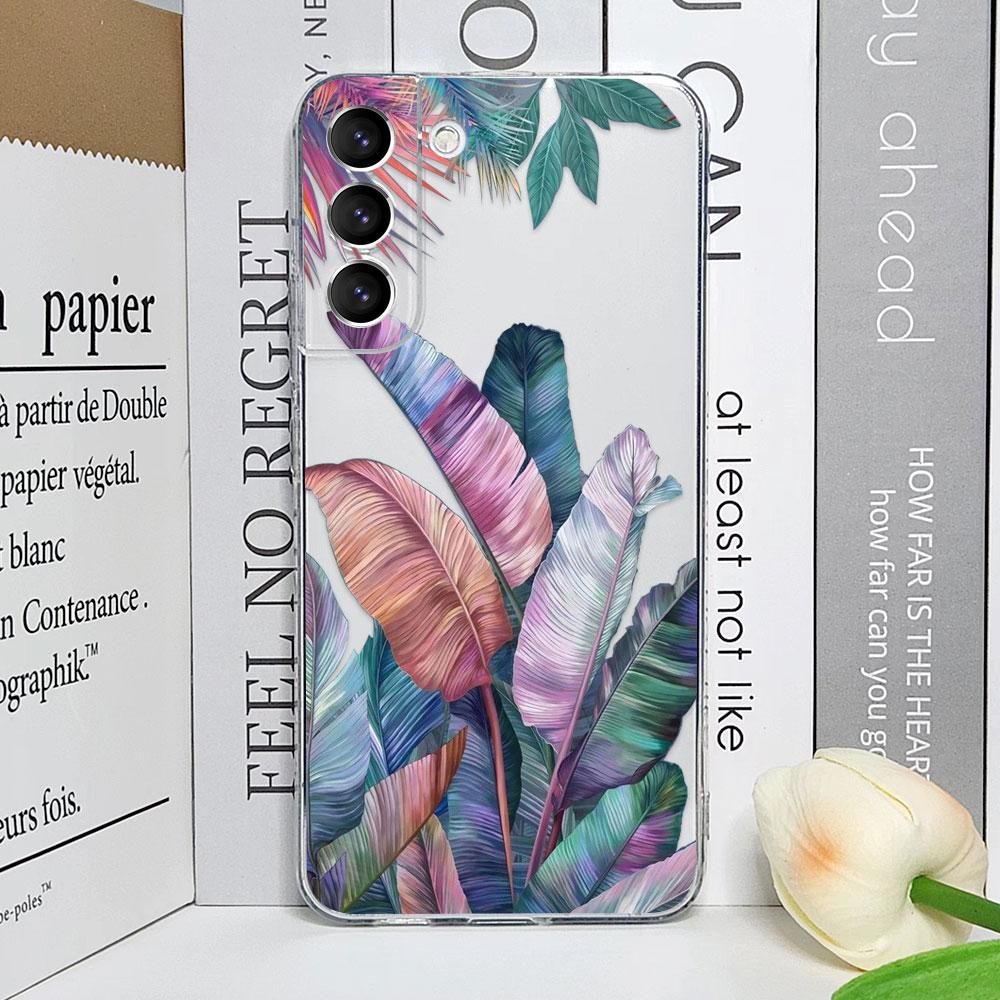 Floral Palm Leaf Flower Painted Phone Case for Samsung Galaxy S25 24 S23 S22 S21 Ultra Plus FE 5G Transparent Soft Cover Fundas