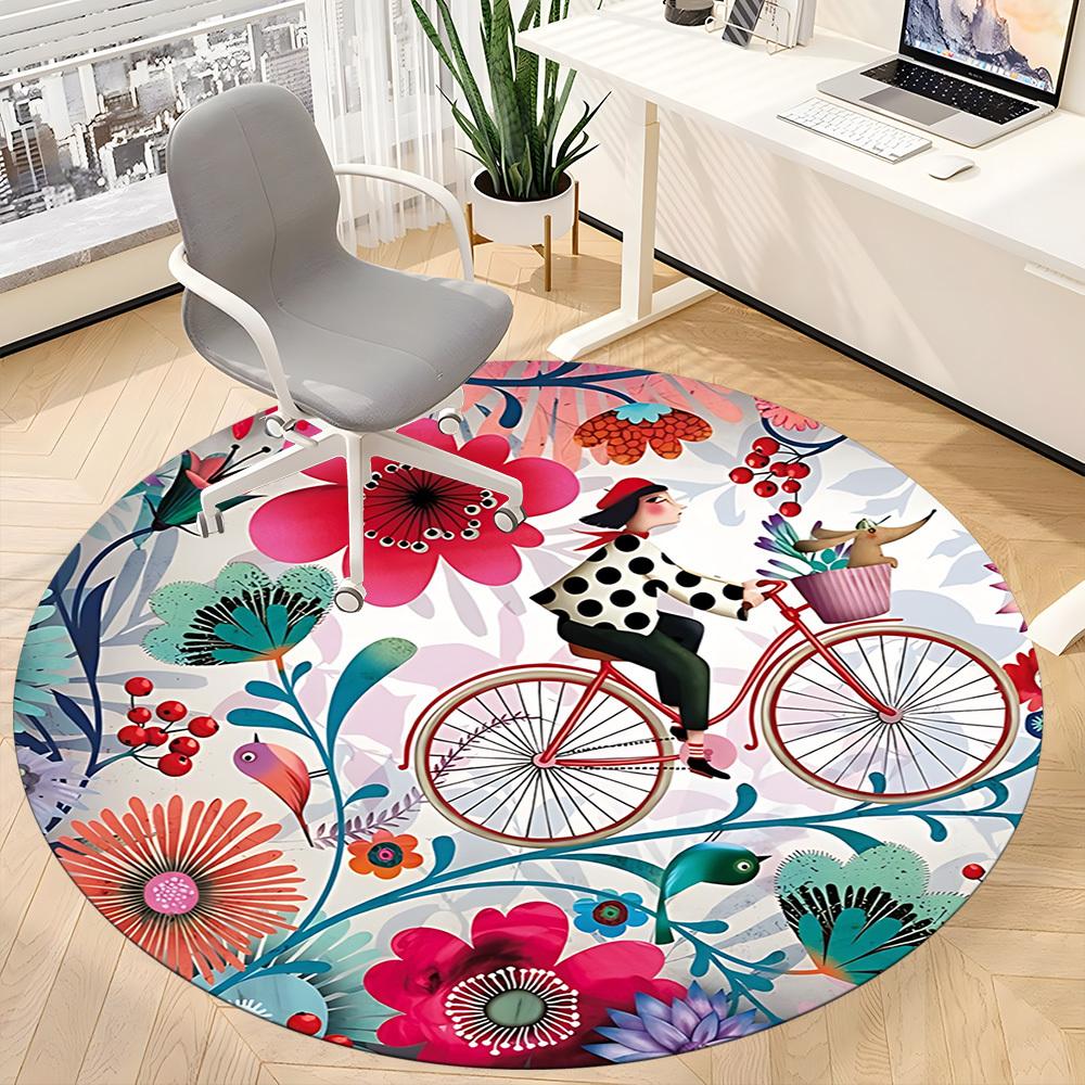 1pc Cyclist, Floral Office Round Rug, Non-slip, Soft and Durable Office Rug for Interior Decoration, Perfect for Office, Decoration yy260204005
