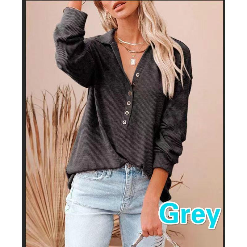 Mote T-skjorte for kvinner Høst Langermet Ensfarget V-hals Knapper Skjorter Casual Oversized Dame Topper