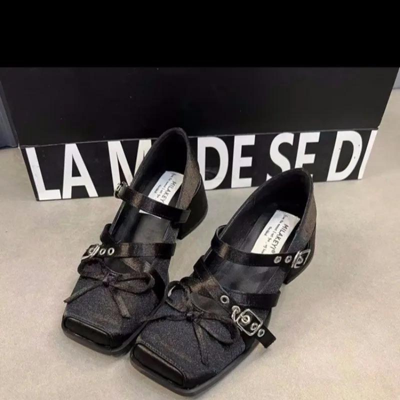 

Fashion 2025 Fashion Women s Mary Jane High Heels Square Toe Buckle Strap Bow Tie Chunky Heels Pumps Shallow Hot Sale Daily Brand Dress 40 чёрный