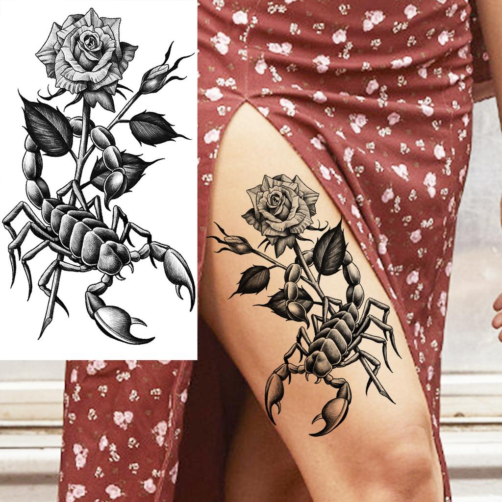 Tiger Flower Temporary Tattoos For Women Men Realistic Lion Scorpion Vampire Skull Compass Fake Tattoo Sticker Forearm Tatoos