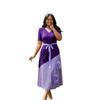 V-neck short-sleeved pleated dress medium and long double color design petal decorative elegant dress