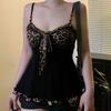 European and American Sexy Hot Girl Style Leopard Print Color-Blocking A-Line Tank Top, Pure Desire Style, Slim Fit, Lace-Up Lace Camisole Top