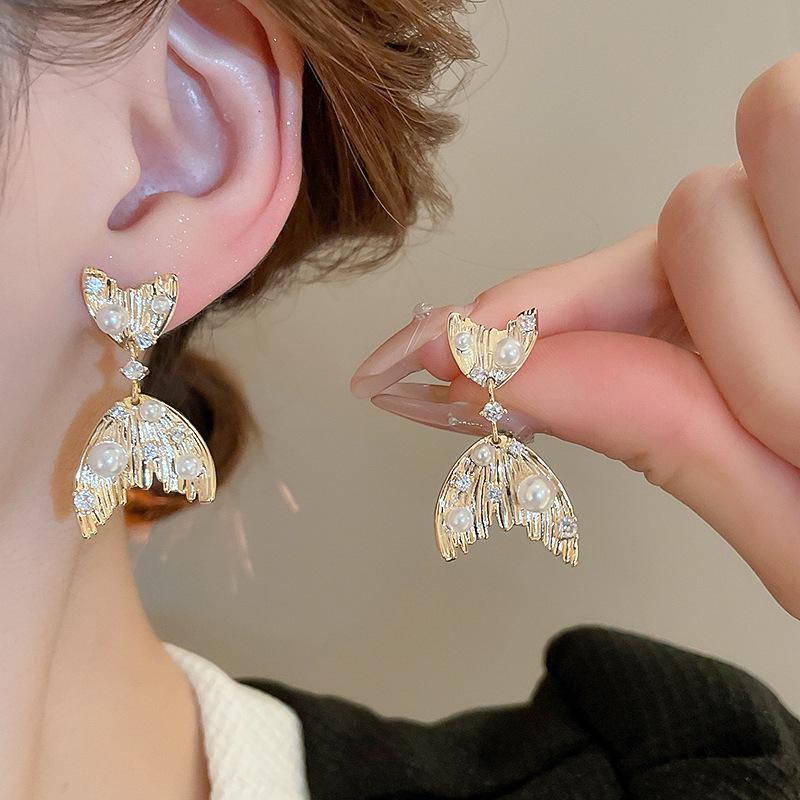 Elegant Zircon Faux Pearl Fishtail Sterling Silver Earrings - French Luxury Design for Women