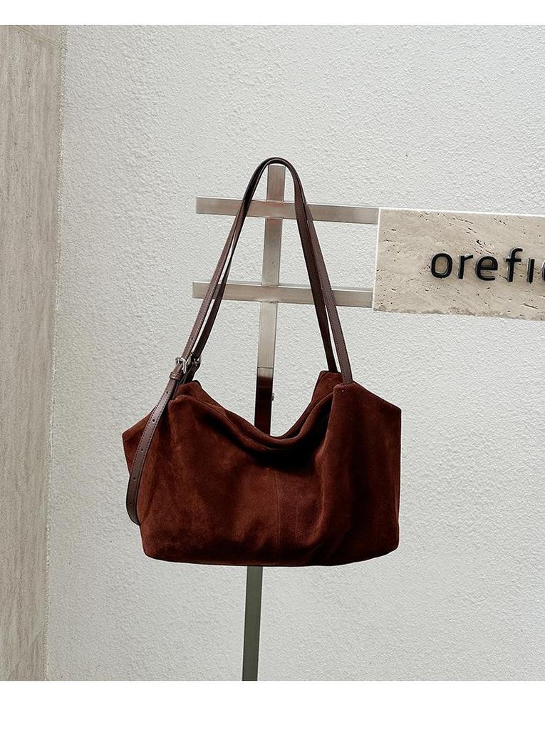 2026 Luxury Retro Suede Leather Tote Bag: High-End Frosted Cowhide Women's Shoulder Bag