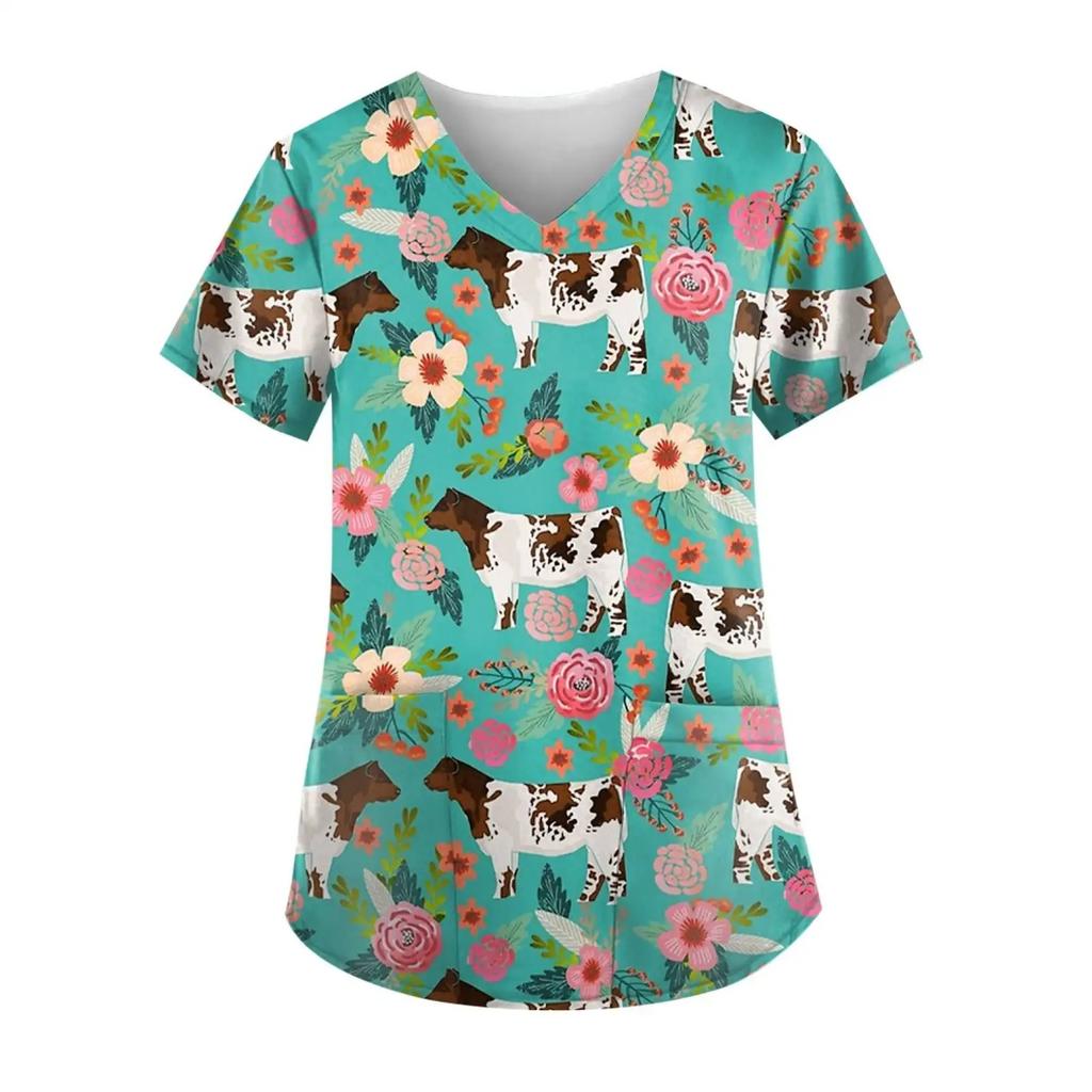Women's Nursing Uniform with Romantic Heart Pattern Print Women's Short Sleeved Uniform Fashionable Casual and Comfortable