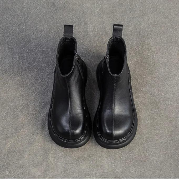 Johnature Genuine Leather Thick Soled Ankle Boots Retro Round Toe Thick Heeled Women's Short Boots