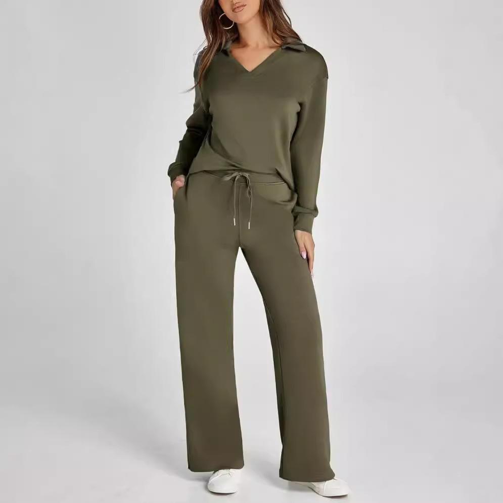 Women's Olive Green V-Neck Lounge Set with Drawstring Waist Pants