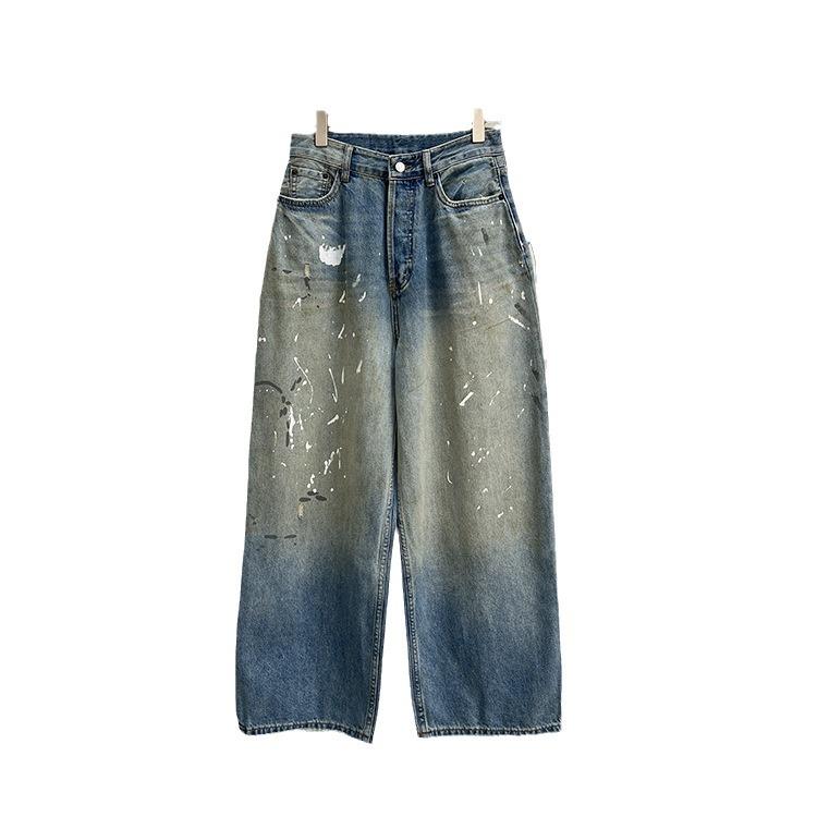 Hand-Painted Unisex Wide-Leg Faded Denim Jeans - Wanderer Wasteland Style 36