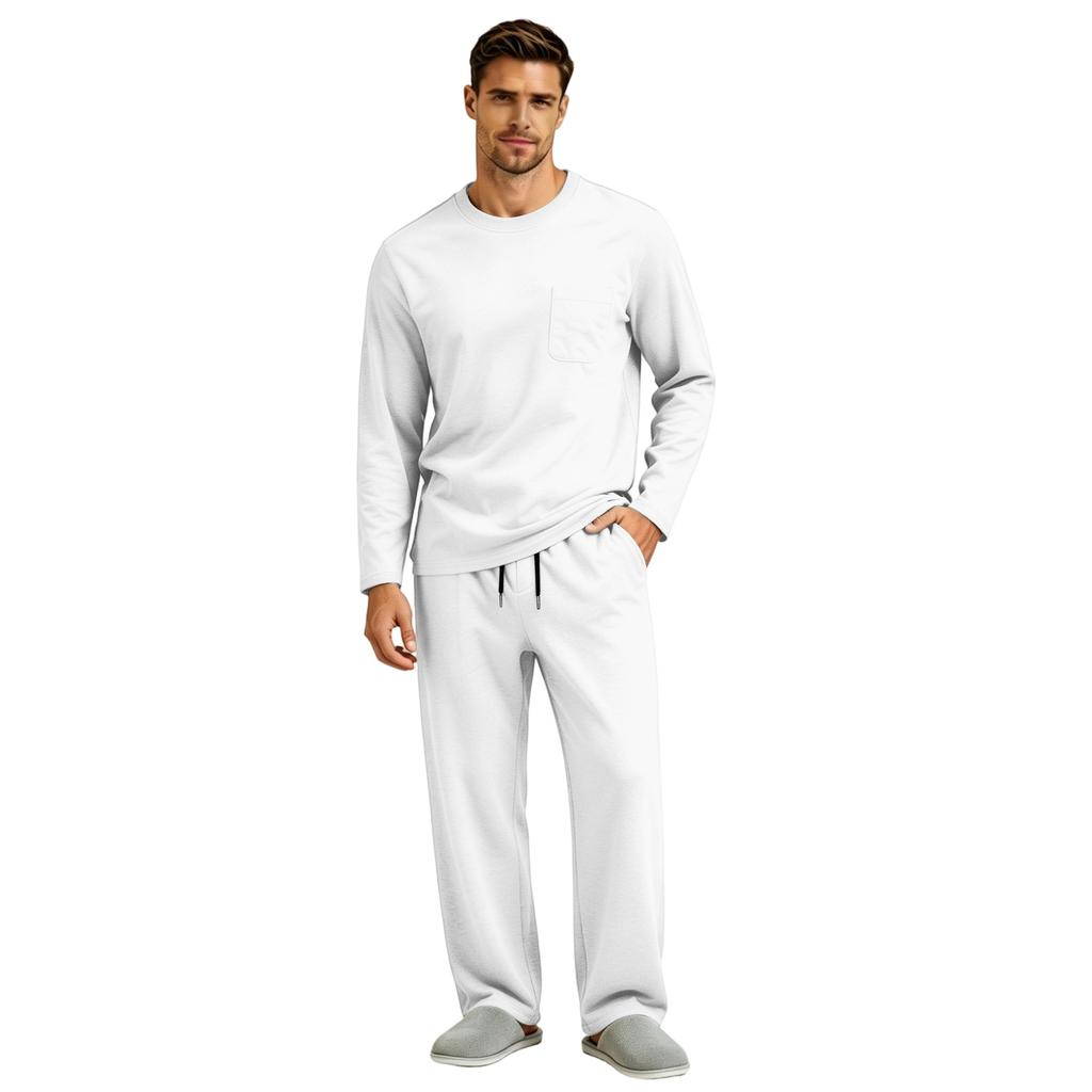 Men's Long Sleeve Pajama Set with Button Fly and Elastic Drawstring Waist for Sleep and