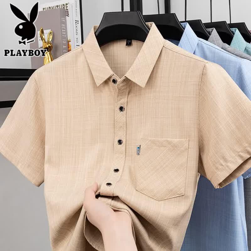 PLAYBOY Men s Summer Cotton-Linen Blend Short-Sleeve Shirt 3XL