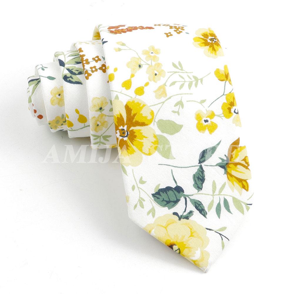 New Cotton Floral Tie For Men Women Soft Gentle Elegant Flower Necktie White Blue Yellow Narrow Skinny Wedding Party Accessories