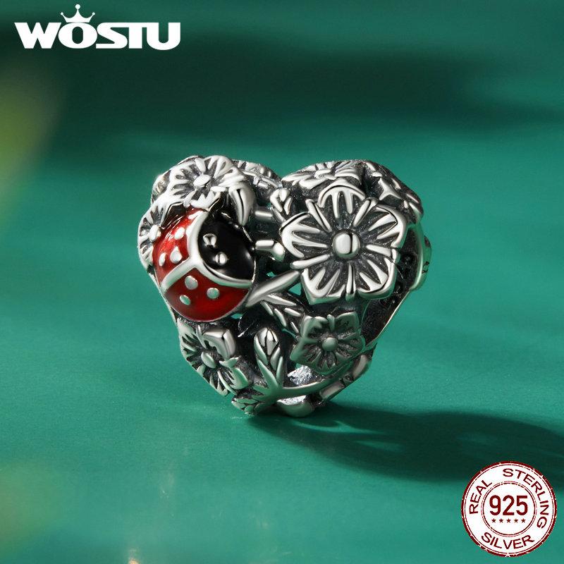 WOSTU 925 Sterlingsølv Lucky Firkløver Ladybug Charms Bee Beads Passer originalt armbånd DIY