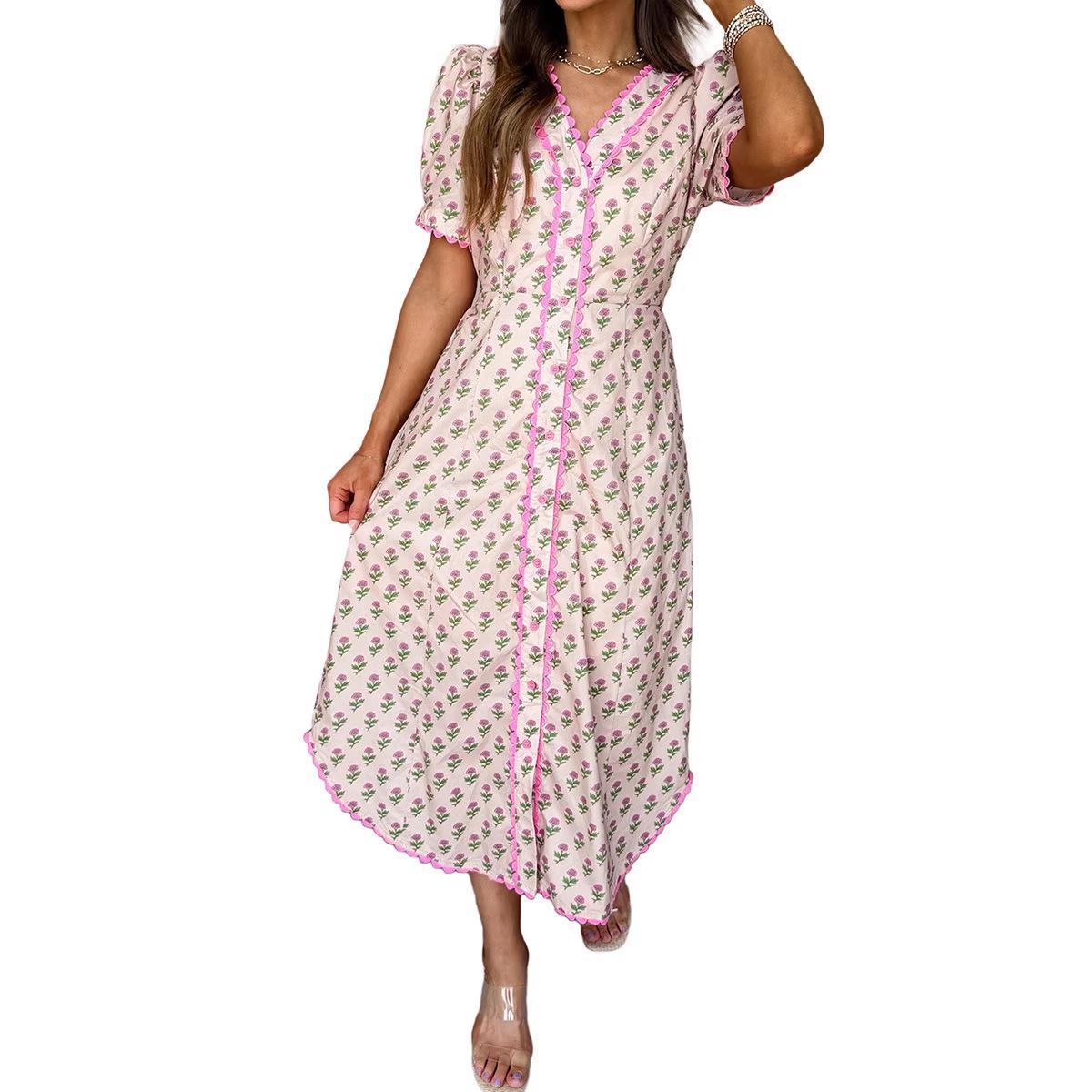 2026 Summer Floral Print Slim-Fit Single-Breasted Shirt Dress for Women - European/American Sweet Style S