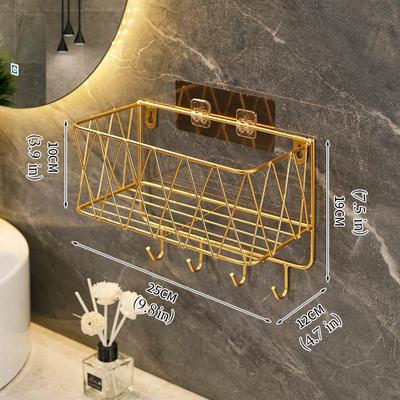 Étagère de salle de bain de luxe en or, sans perçage, panier de rangement de douche en métal avec crochet, porte-brosse à dents et shampoing, accessoires de salle de bains