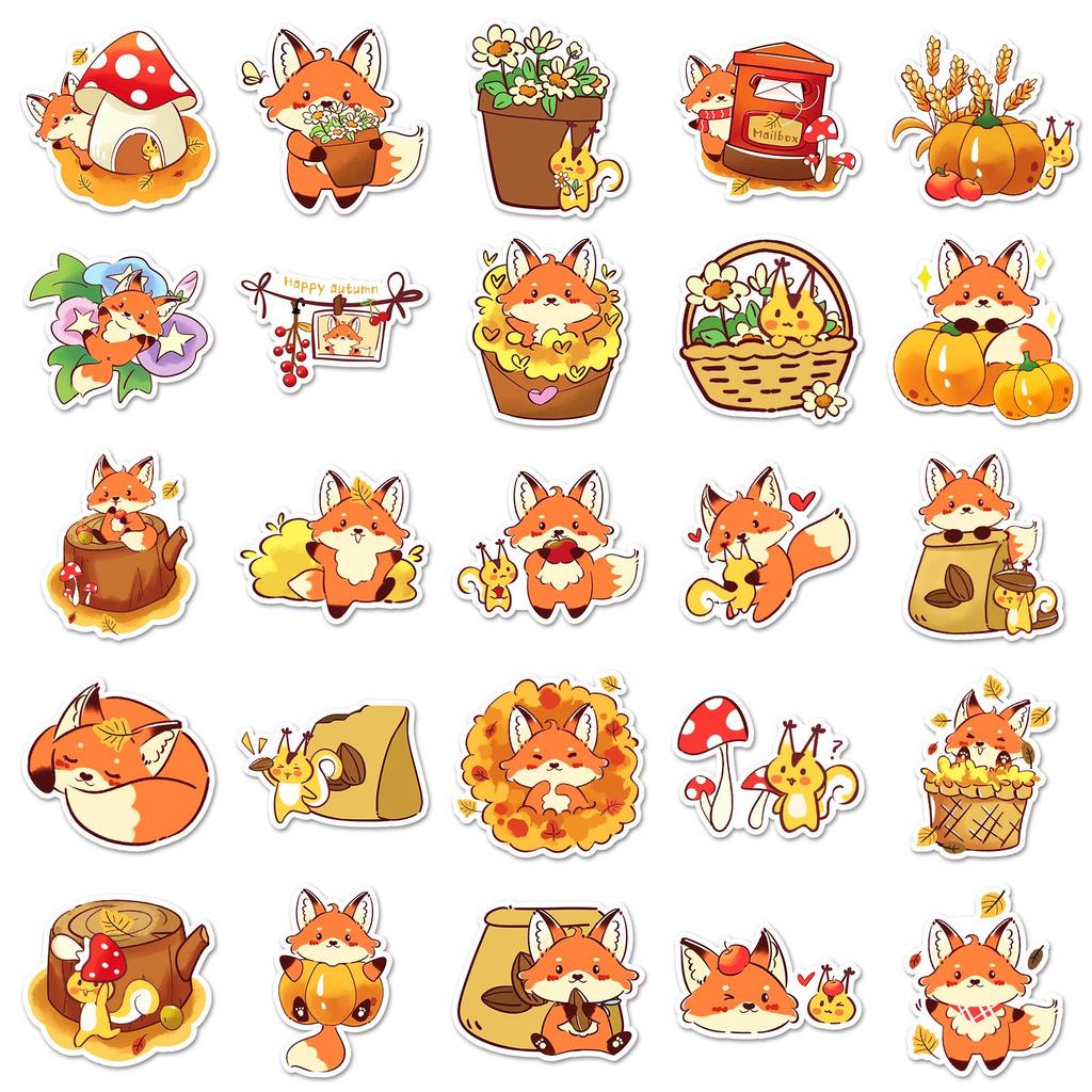 50 Cute Autumn Fox Stickers - Waterproof Cartoon Decorations for Journals & Crafts