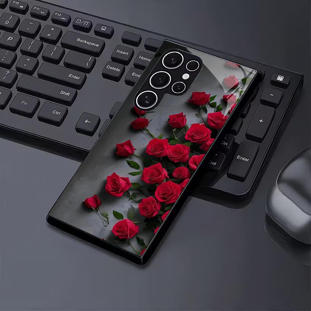 Red Rose Tempered Glass Phone Case Suitable for Samsung Galaxy S26 S25 S24 S23 S22 S20 FE/Ultra/Plus Anti Drop Back Cover