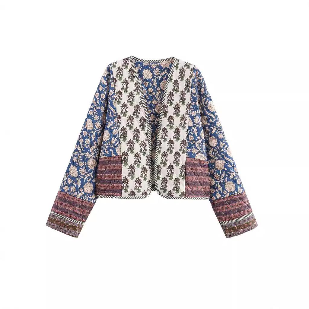 Jachetă de bumbac patchwork cu imprimeu pentru femei, matlasată, cu mânecă lungă, largă, scurtă, caldă, îmbrăcăminte exterioară de toamnă-iarnă pentru femei