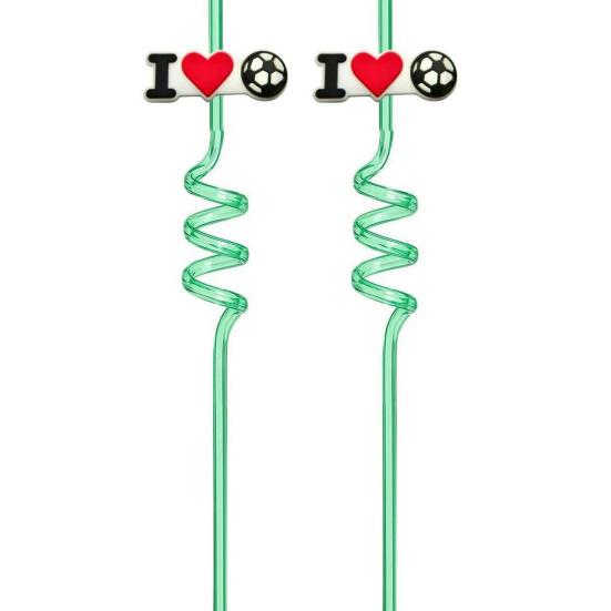 2Pcs Soccer Theme Spiral Straws, PET Reusable Curved Drinking Straws with Football Charm, World Mug Party Beverage Decor