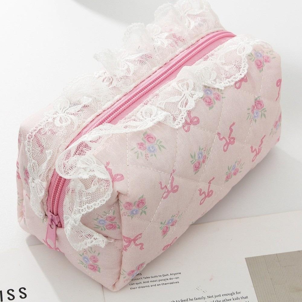 Large Capacity Bow Floral Print Makeup Bag Bow Floral Print Cosmetic Clutch Wash Storage Bag Daily Style D