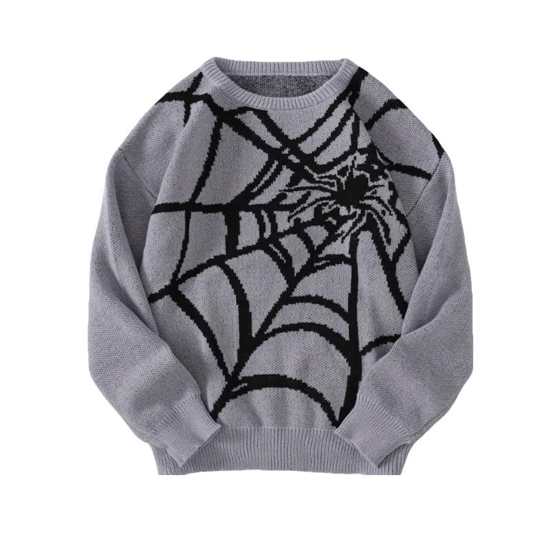 Fashion Men Autumn Winter New Style Round Neck Sweater American Retro Spider Web Pattern Jacquard Knitted Base Layer Top