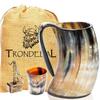 Thor Horn Drinking Horn Mug with Wooden Base - Genuine Viking Horn Cup for Mead, Ale and Beer - Original Medieval Tankard with Burlap Gift Sack