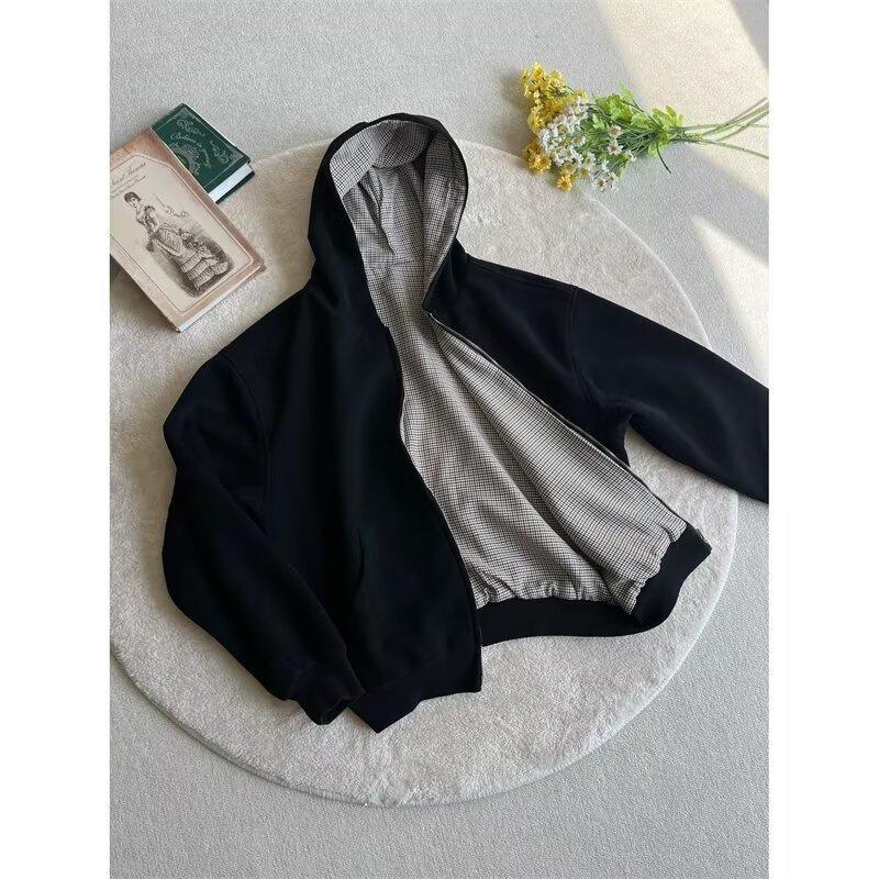 Men’s Reversible Plaid Hooded Zip-Up Sweatshirt – Casual, High-End, Loose Fit for Spring & Autumn