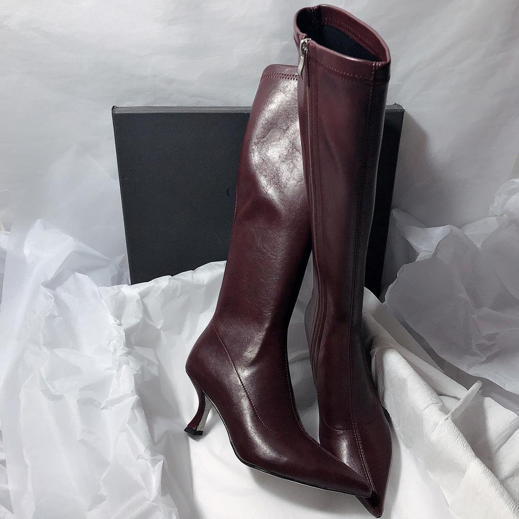Elegant High Heels Women's 2025 New Fashion Pointed Slim Heels Knee High Boots with Side Zipper Temperament Long Tube Boots