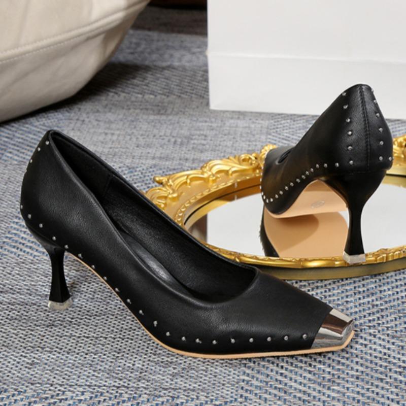 Fashion Summer New Thin Heel Shoes Women's Metal Square Head Shallow Mouth Set Foot Rivet Anti-slip Wear-resistant High Heels