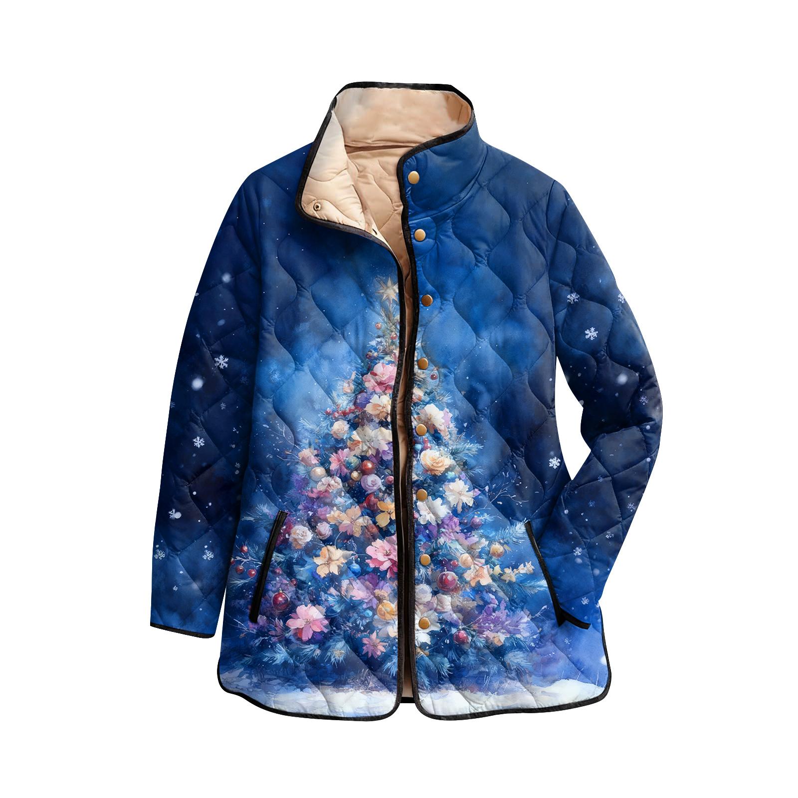 

Женское хлопковое пальто на пуговицах с высоким воротником, рождественским принтом, с подкладкой и длинными рукавами XL синий