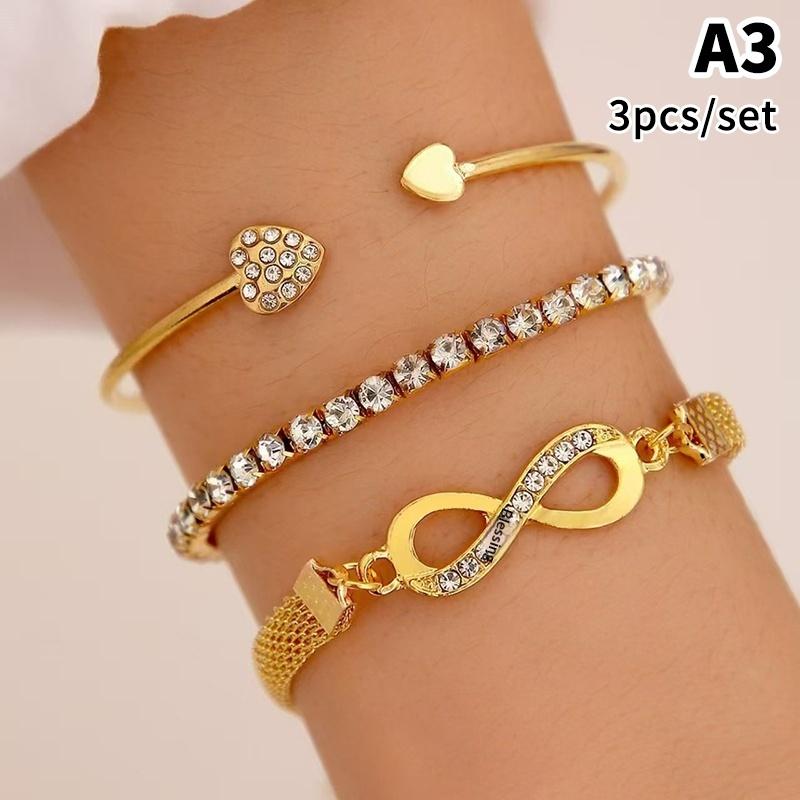

3-5Pcs/Set Luxury Rhinestone Crystal Bracelets Fashion Geometric Square Adjustable Cuff Bangle Jewelry Set Gift A3