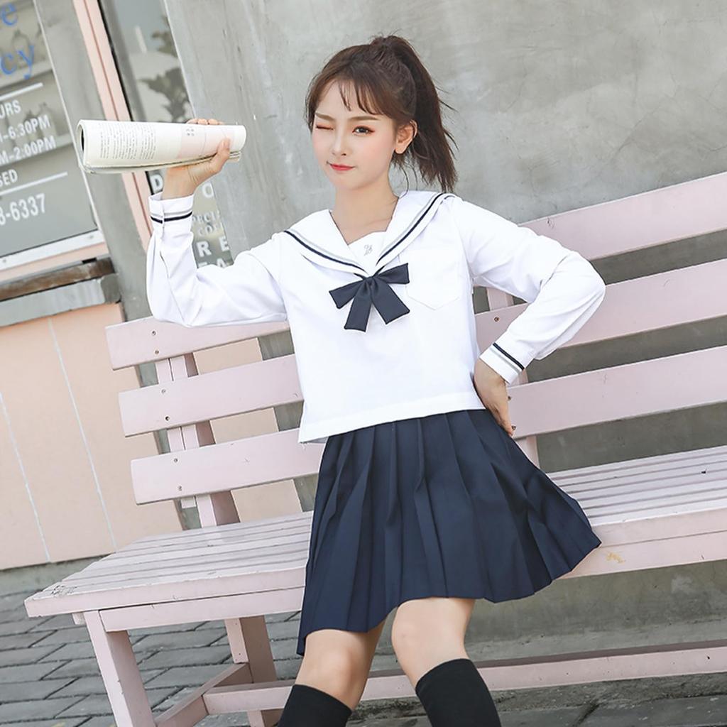 [Formemory] Sailor Uniform Authentic School Uniform Cosplay White Long-Sleeve and Short-Sleeve Variants Navy Blue 3-Piece Set (S, Long-Sleeve)
