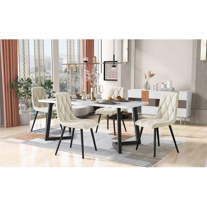 Ensemble de salle à manger - MUVOE - Table rectangulaire et 4 chaises - Velours beige - Pieds noirs - 4 places