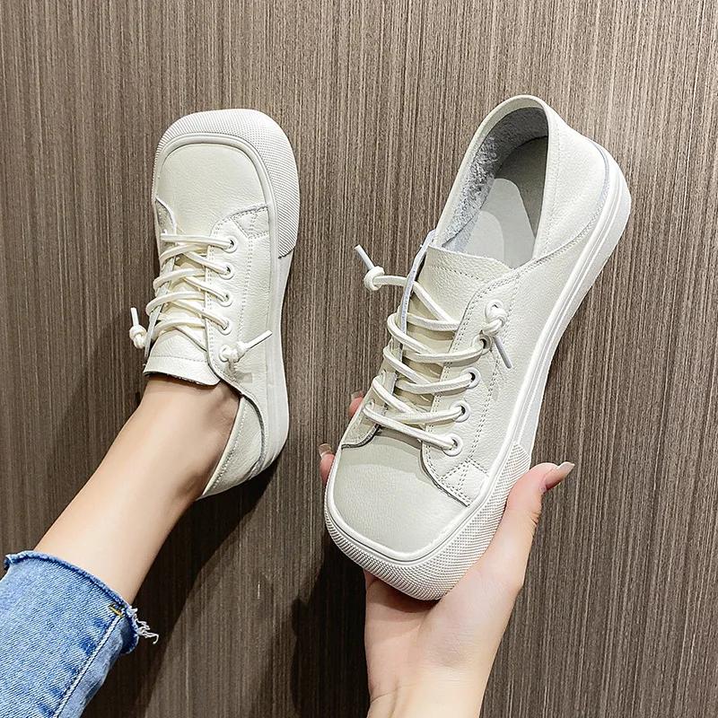 Fashion Genuine Leather White Women's Shoes Ugly Cute Square Head with Soft Bottom Ladies Design Square Toe Flat Casual Shoes2024