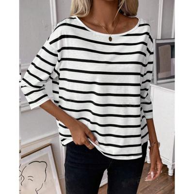 Women's Summer Mid Sleeve Round Neck Striped T-shirt Loose Top Shirt
