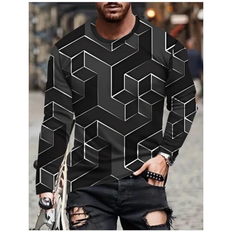 T Shirts for Man Geometric Block 3D Print Autumn Long Sleeve T-Shirt Pullover Casual Male Tops Street Lightweight Men's Clothes