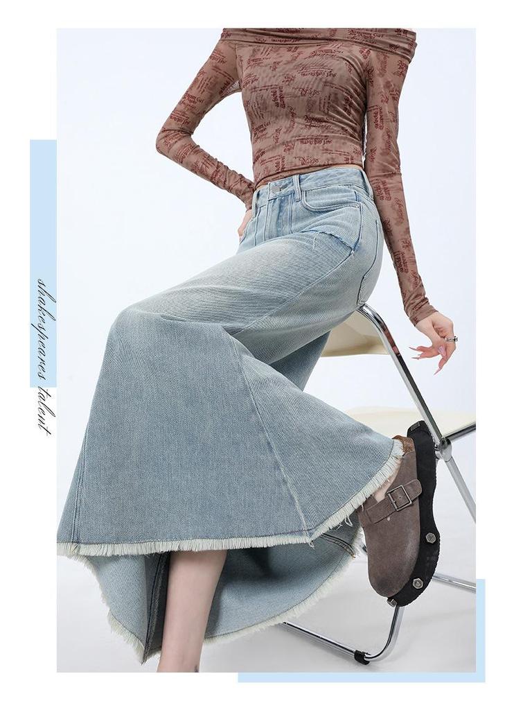 Women's High-Waisted Denim Fishtail Midi Skirt - Vintage Style, Raw Hem, Spring 2025