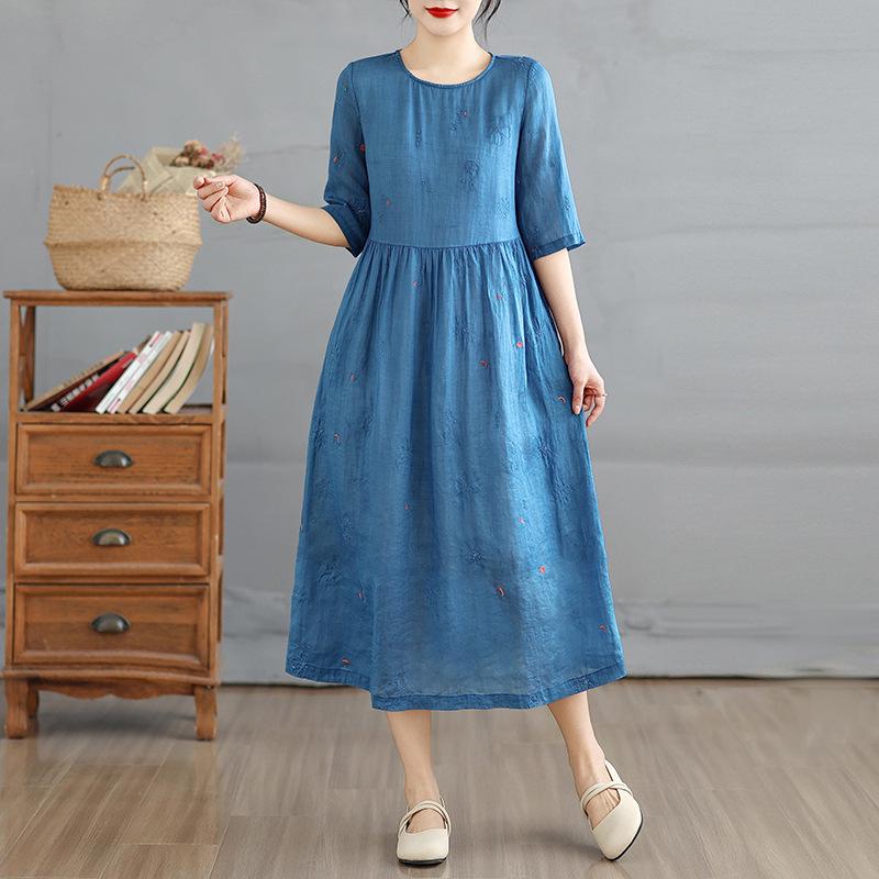 2026 Summer Lightweight Flowy Fairy Embroidered Cotton Linen Dress