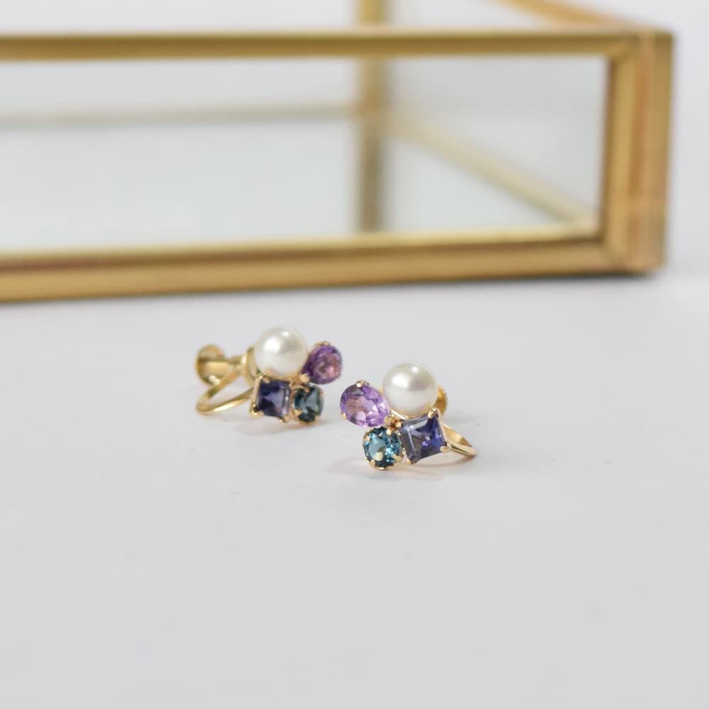 10K Gold Freshwater London Blue 10K Yellow Birthday Sa532 [Four-leaf Clover] Earrings, Pearl, Amethyst, Topaz, Iolite, Gold, K10, Women's, Present