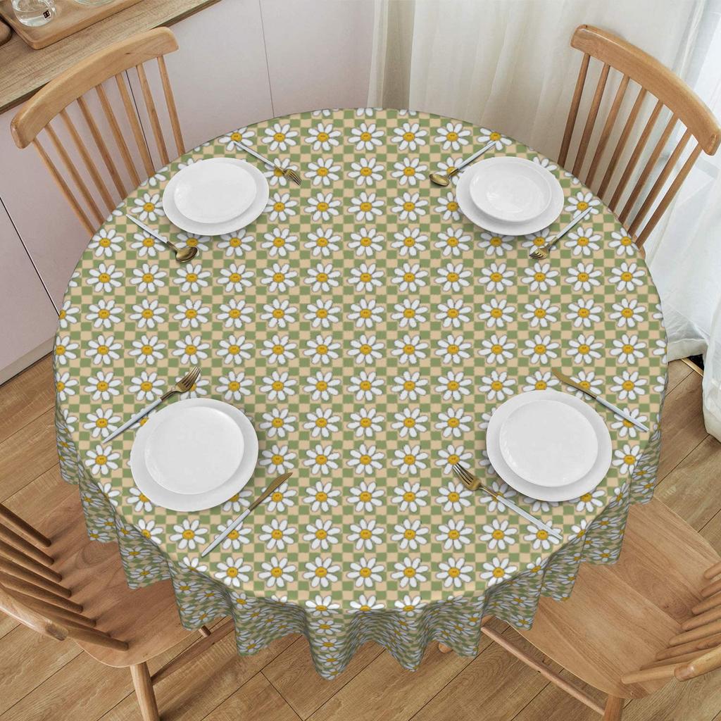 Round Sunflower Flowers Checkered Tablecloth 70 Inches Kitchen Dinning Table Cloth Spillproof Table Cover